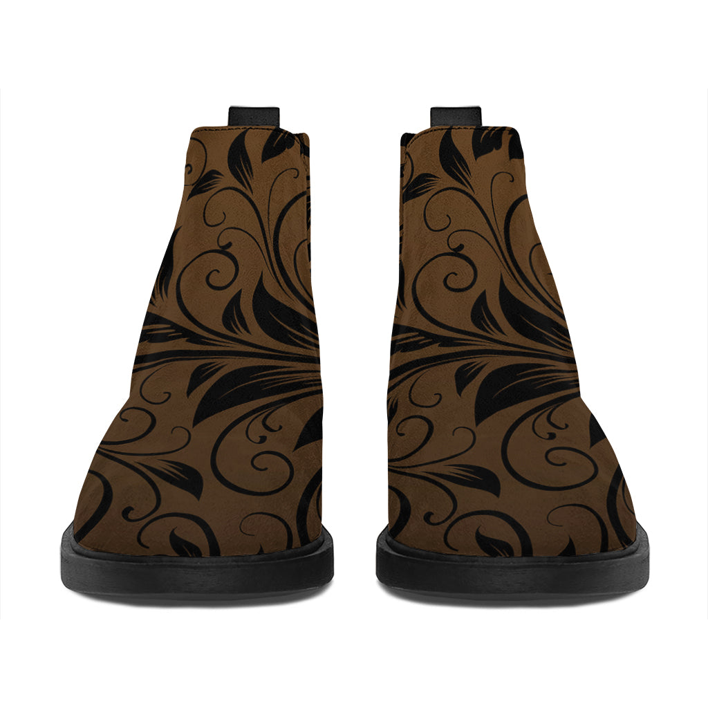 Dark Brown Western Damask Print Flat Ankle Boots