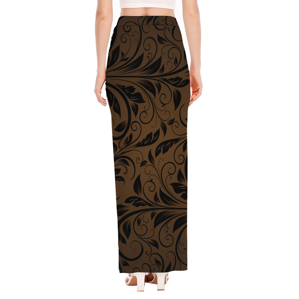 Dark Brown Western Damask Print High Slit Maxi Skirt