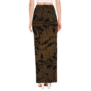 Dark Brown Western Damask Print High Slit Maxi Skirt