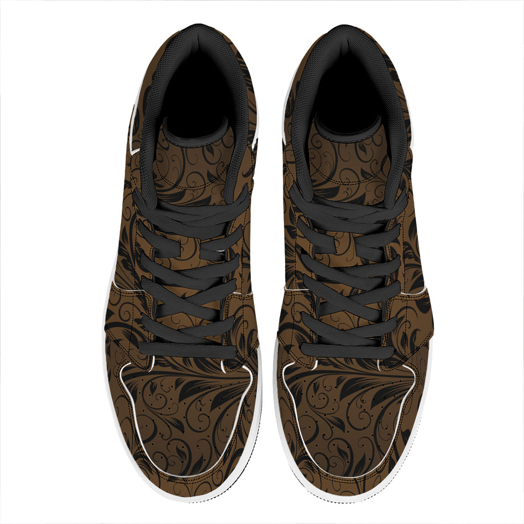 Dark Brown Western Damask Print High Top Leather Sneakers