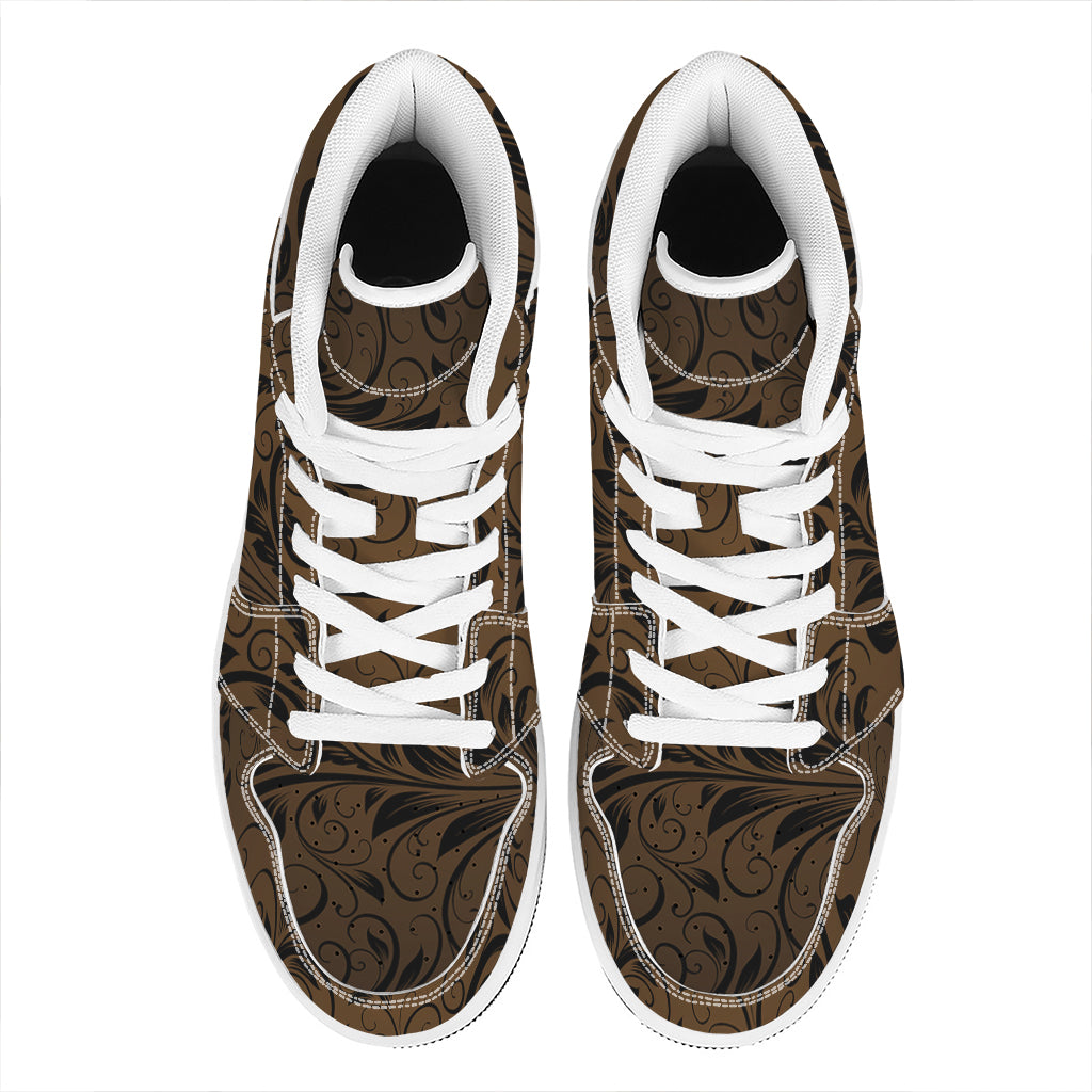 Dark Brown Western Damask Print High Top Leather Sneakers