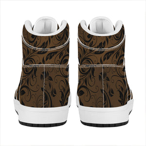 Dark Brown Western Damask Print High Top Leather Sneakers