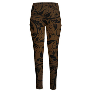 Dark Brown Western Damask Print High-Waisted Pocket Leggings