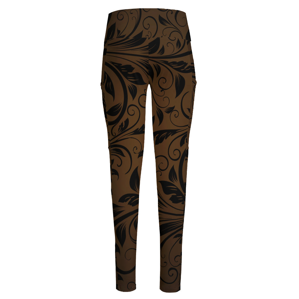 Dark Brown Western Damask Print High-Waisted Pocket Leggings