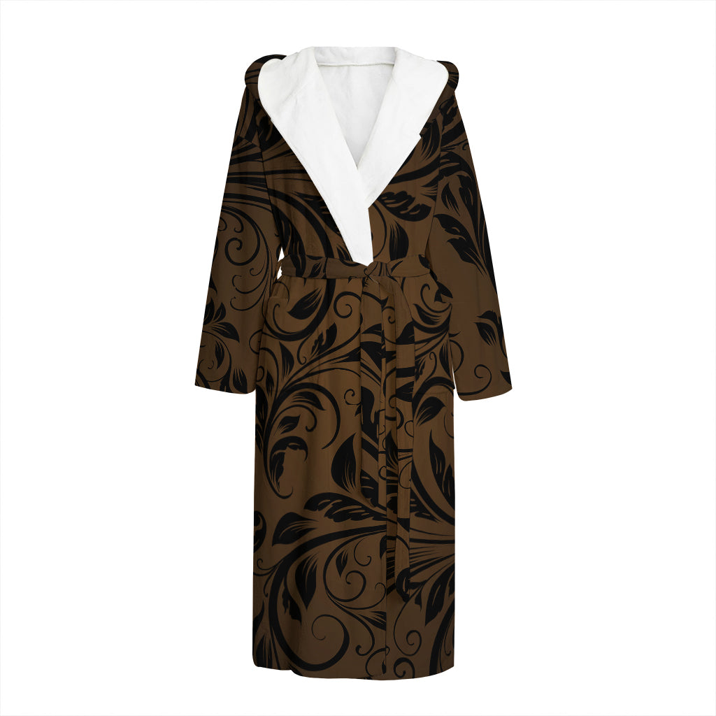 Dark Brown Western Damask Print Hooded Bathrobe