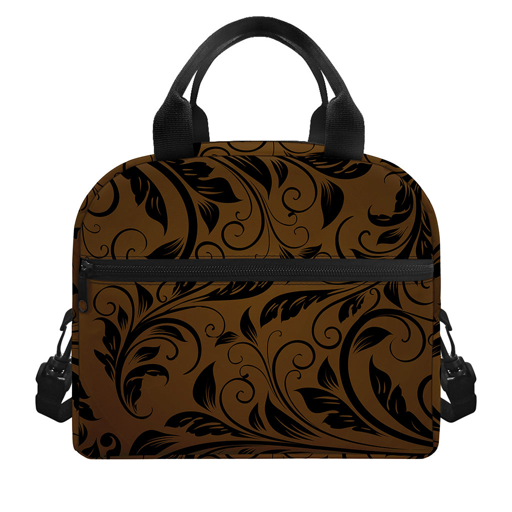 Dark Brown Western Damask Print Insulated Lunch Bag