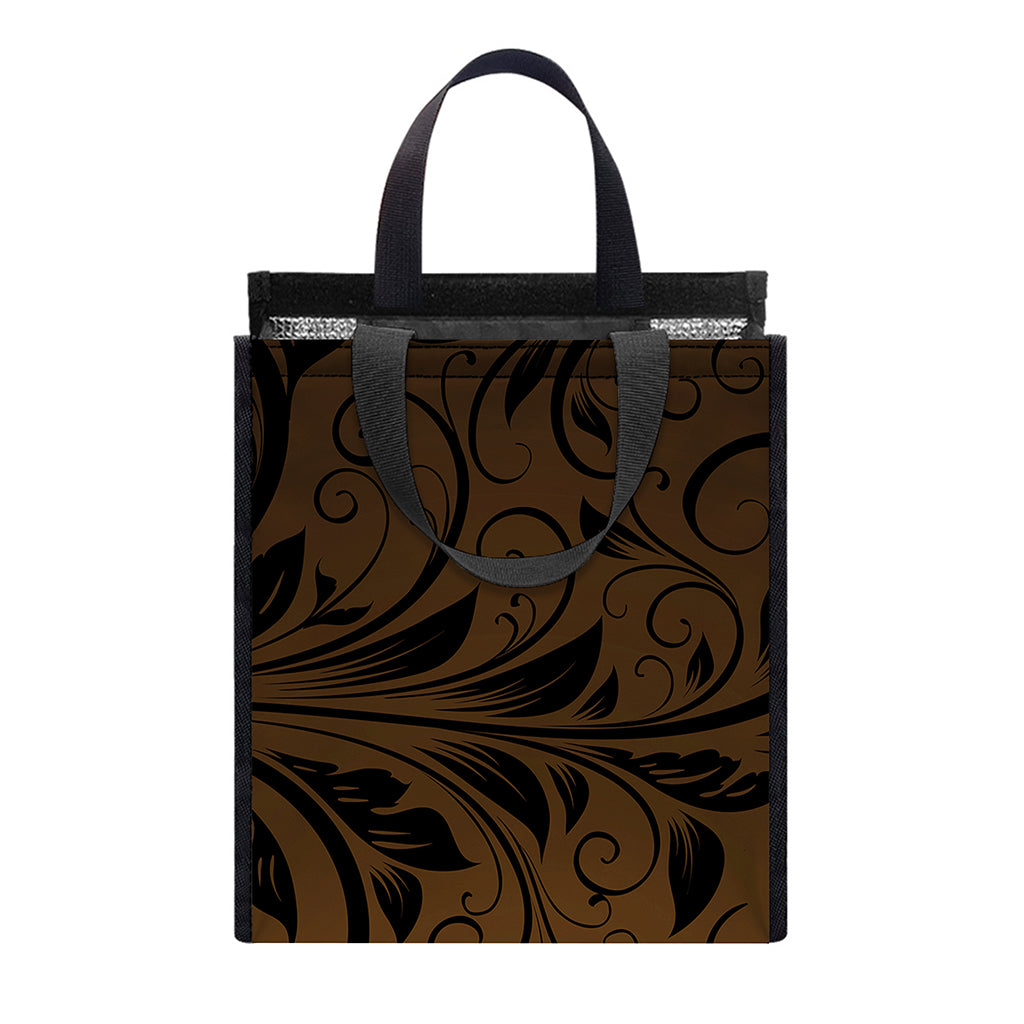 Dark Brown Western Damask Print Insulated Lunch Tote