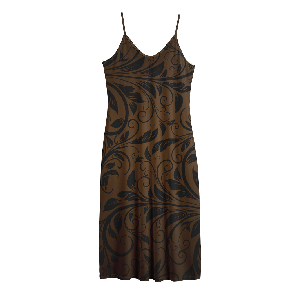 Dark Brown Western Damask Print Jersey Midi Cami Dress
