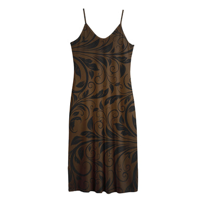 Dark Brown Western Damask Print Jersey Midi Cami Dress