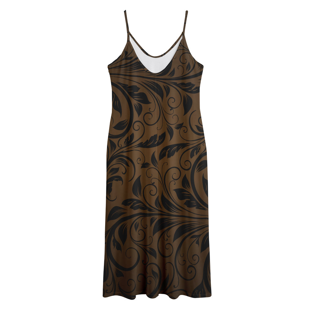 Dark Brown Western Damask Print Jersey Midi Cami Dress