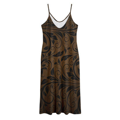 Dark Brown Western Damask Print Jersey Midi Cami Dress