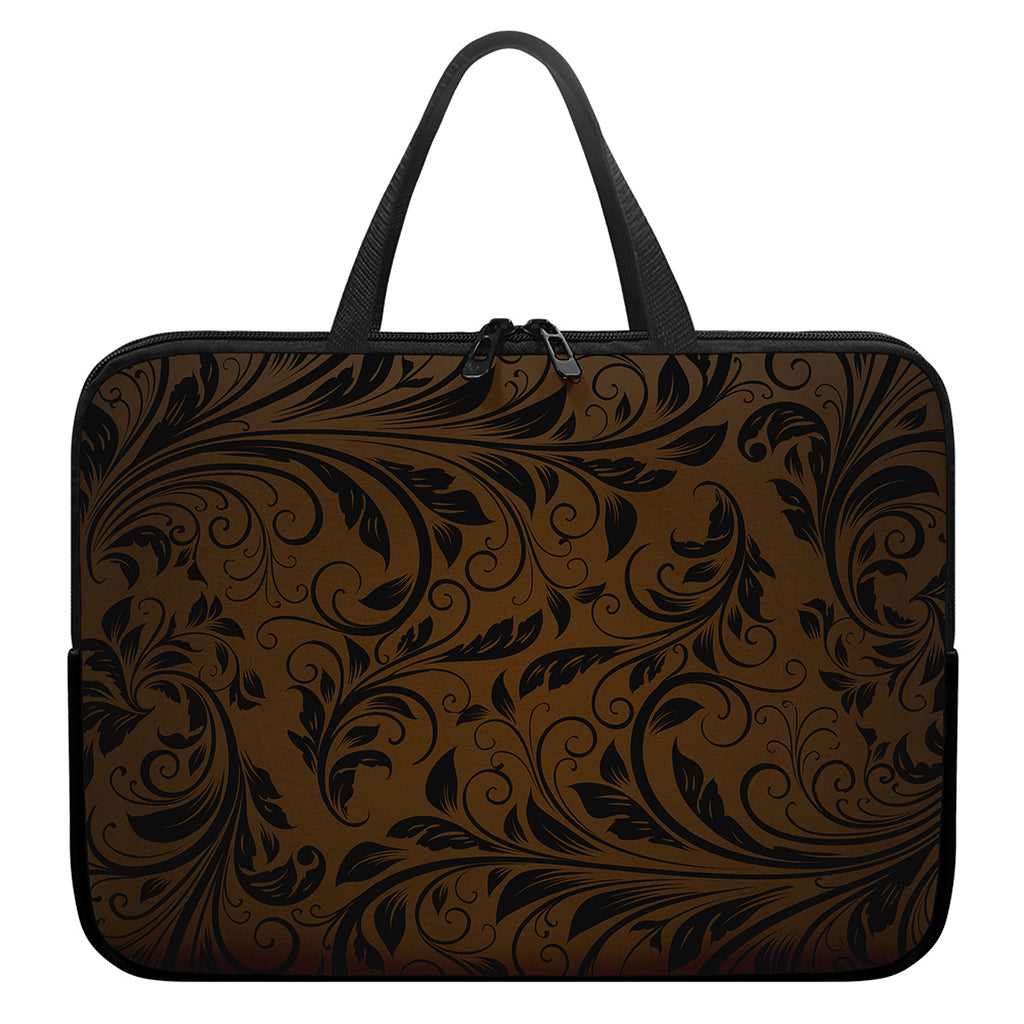 Dark Brown Western Damask Print Laptop Sleeve With Handle