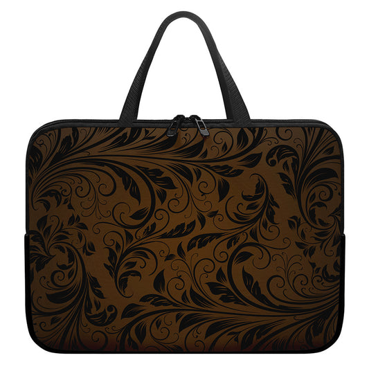 Dark Brown Western Damask Print Laptop Sleeve With Handle