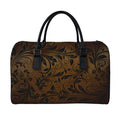 Dark Brown Western Damask Print Leather Duffel Bag