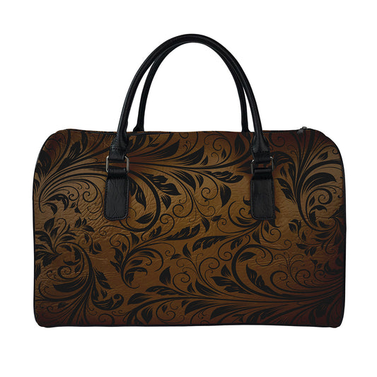 Dark Brown Western Damask Print Leather Duffle Bag