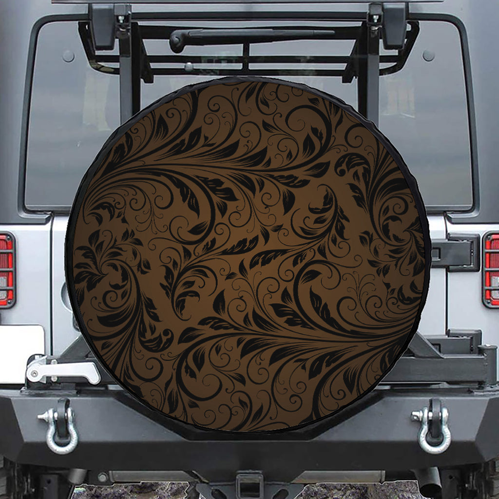 Dark Brown Western Damask Print Leather Spare Tire Cover