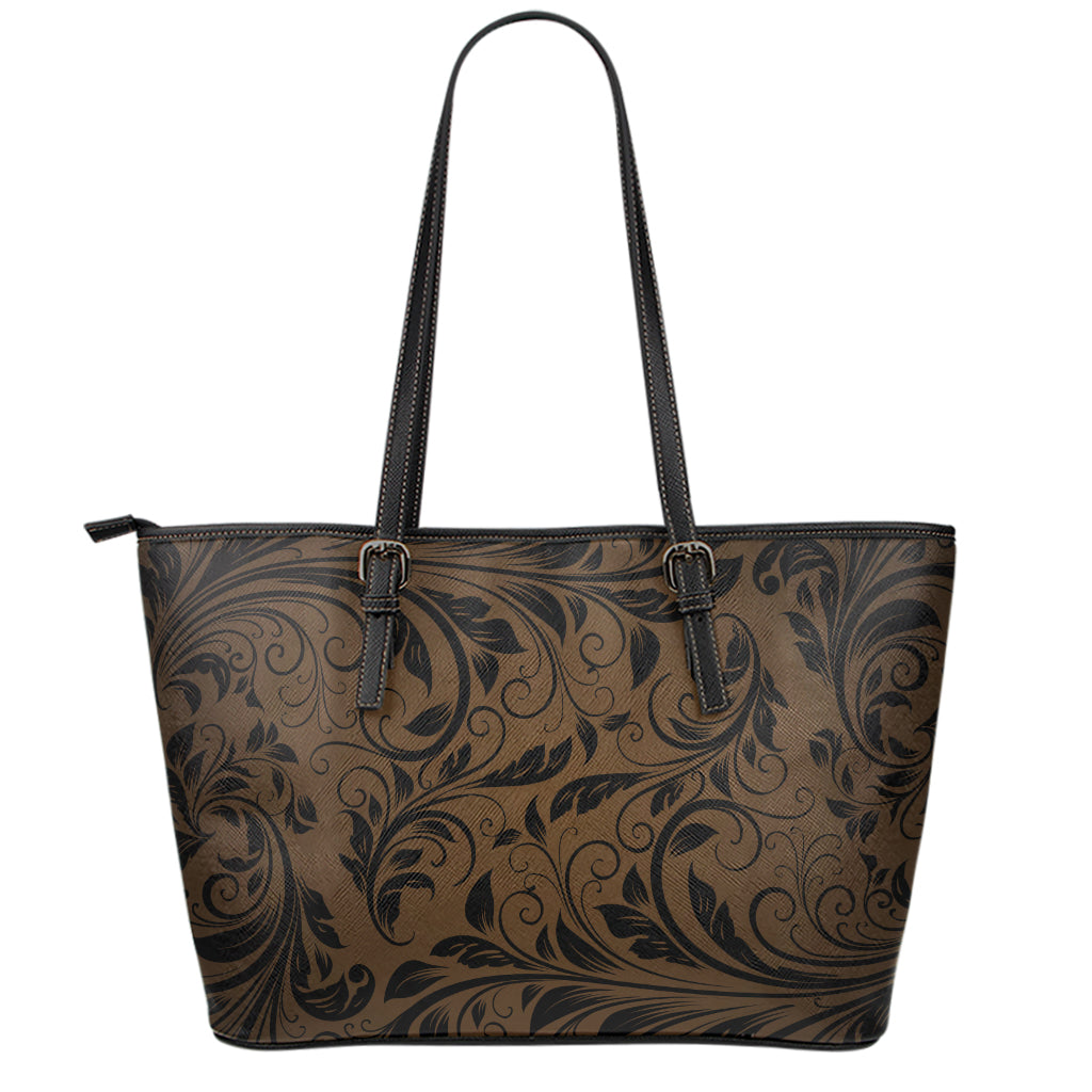 Dark Brown Western Damask Print Leather Tote Bag