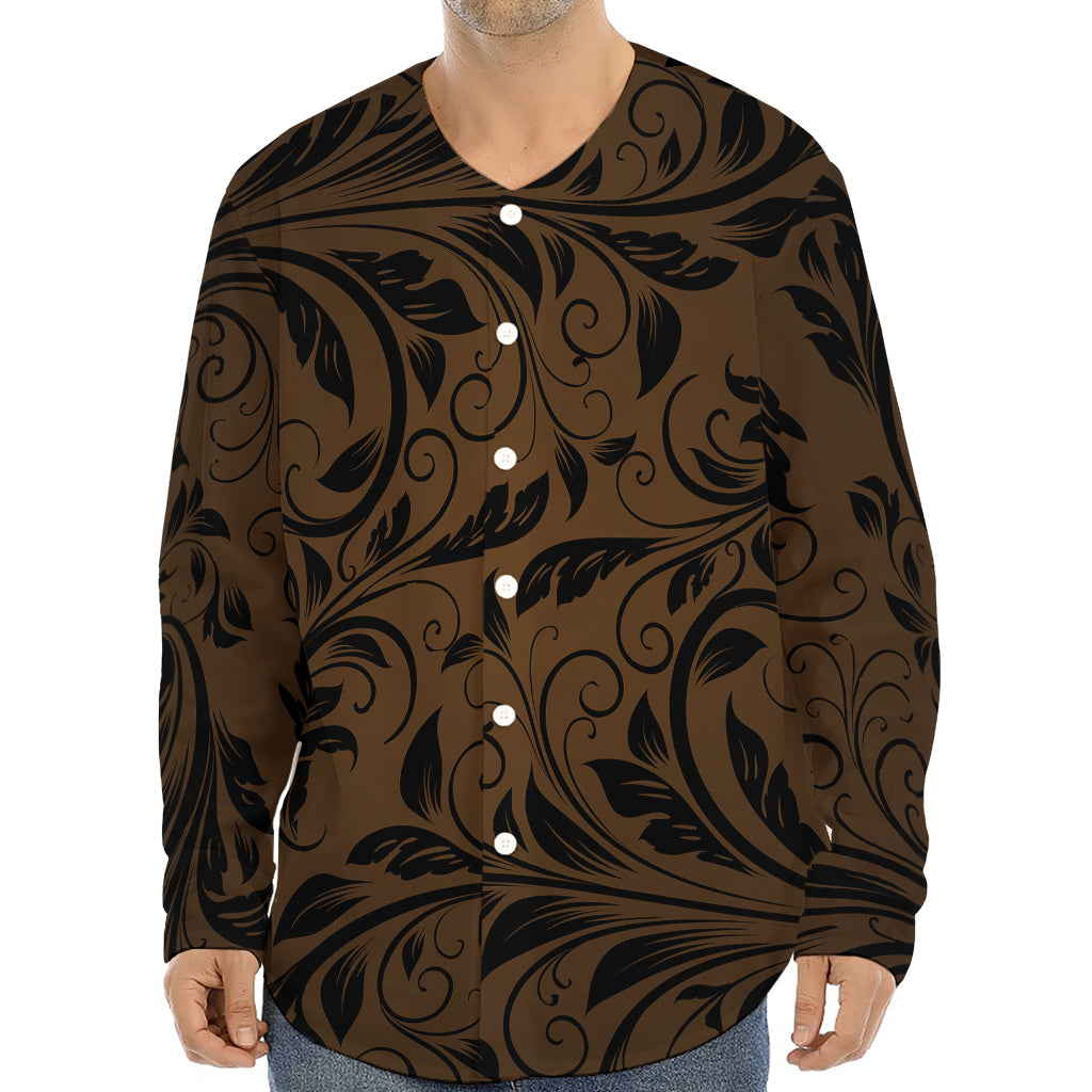 Dark Brown Western Damask Print Long Sleeve Baseball Jersey