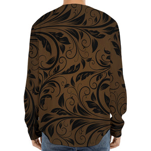 Dark Brown Western Damask Print Long Sleeve Baseball Jersey