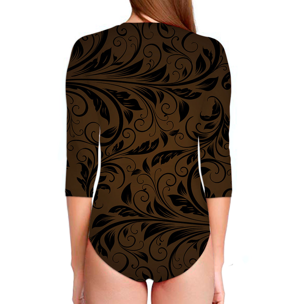 Dark Brown Western Damask Print Long Sleeve Swimsuit