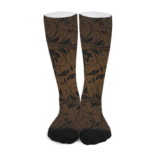 Dark Brown Western Damask Print Long Socks