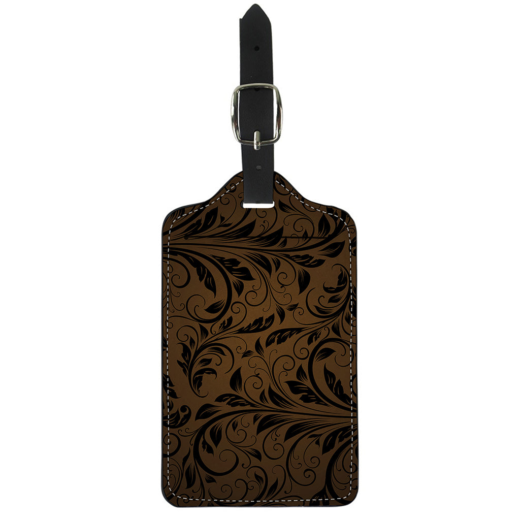 Dark Brown Western Damask Print Luggage Tag