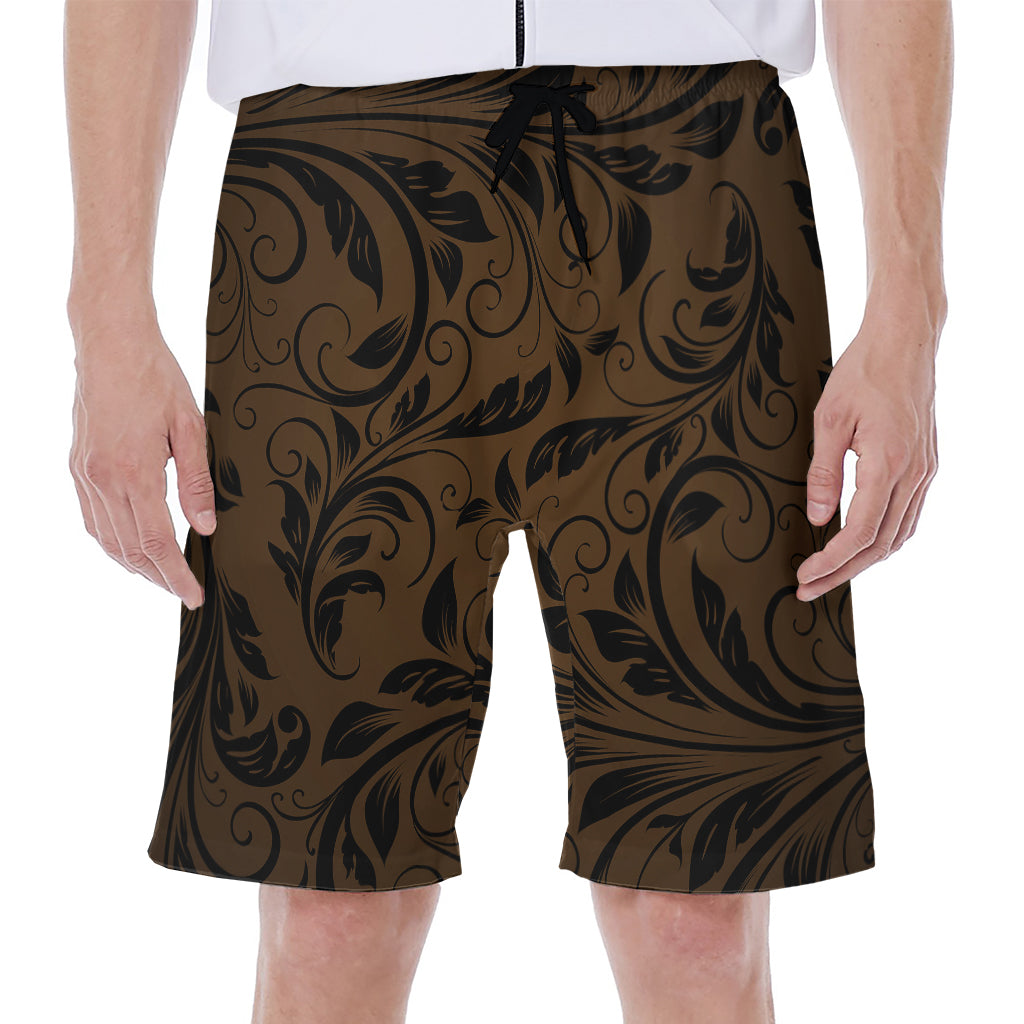 Dark Brown Western Damask Print Men's Beach Shorts