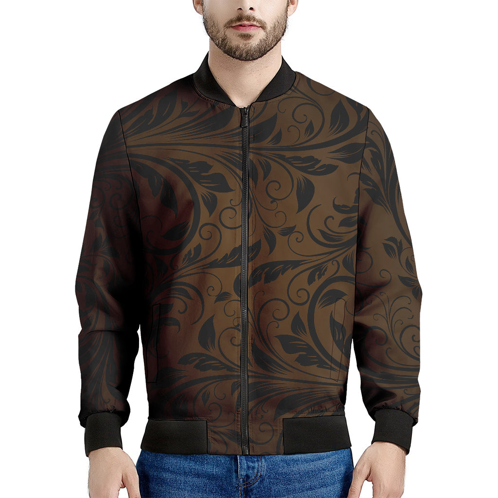 Dark Brown Western Damask Print Men's Bomber Jacket