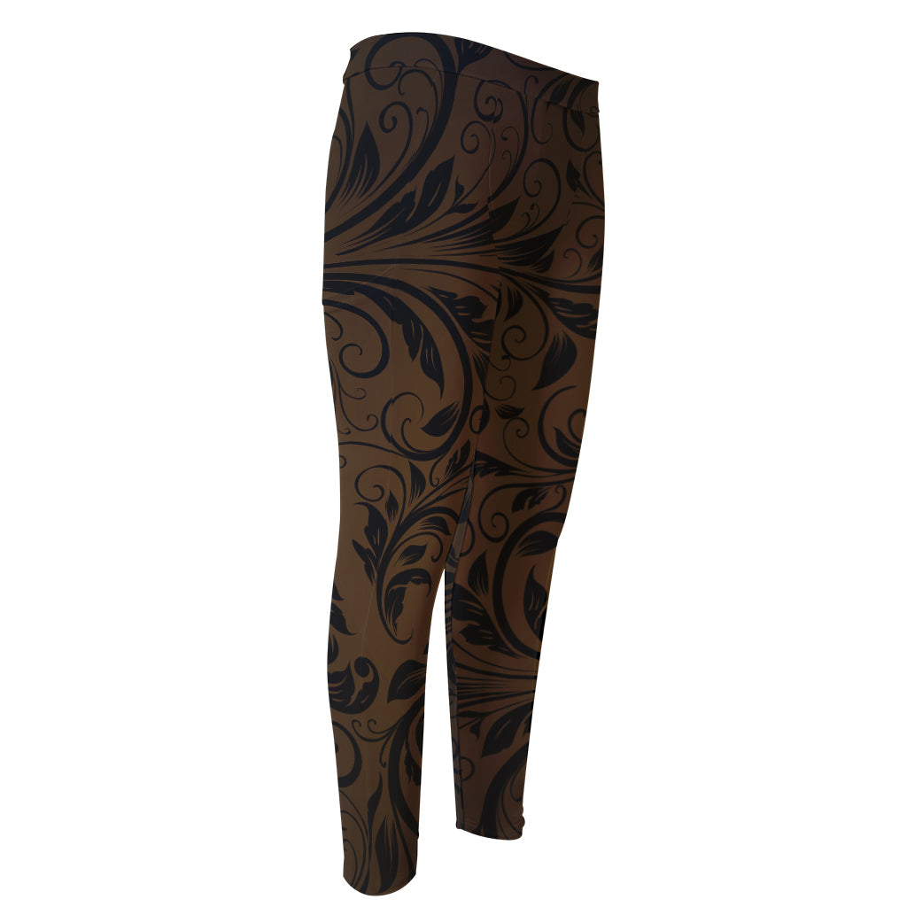 Dark Brown Western Damask Print Men's Compression Pants