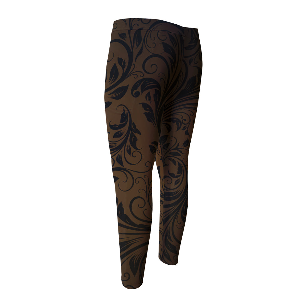 Dark Brown Western Damask Print Men's Compression Pants