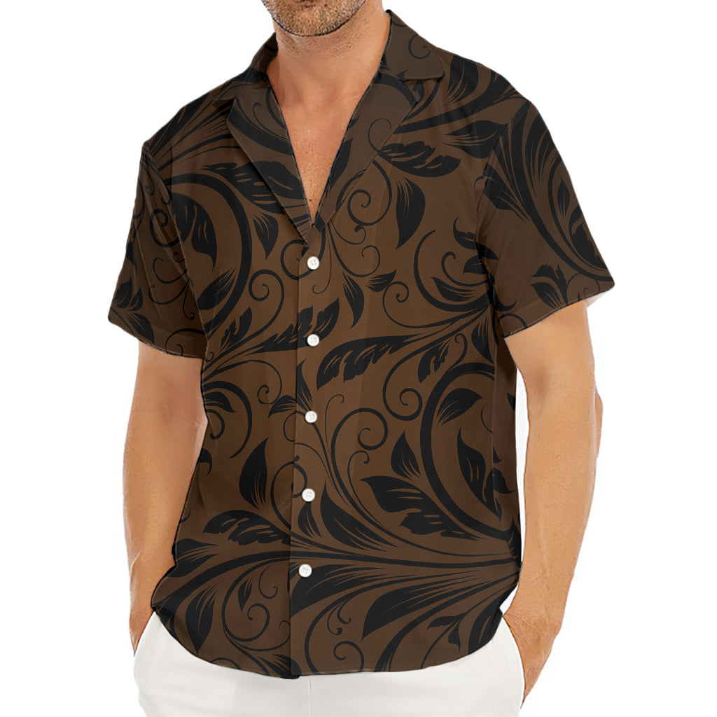 Dark Brown Western Damask Print Men's Deep V-Neck Shirt