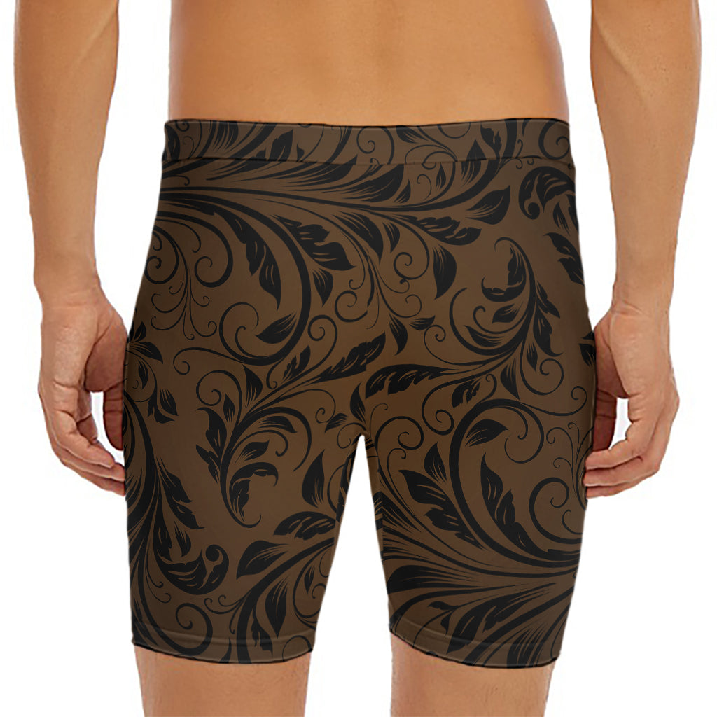 Dark Brown Western Damask Print Men's Long Boxer Briefs