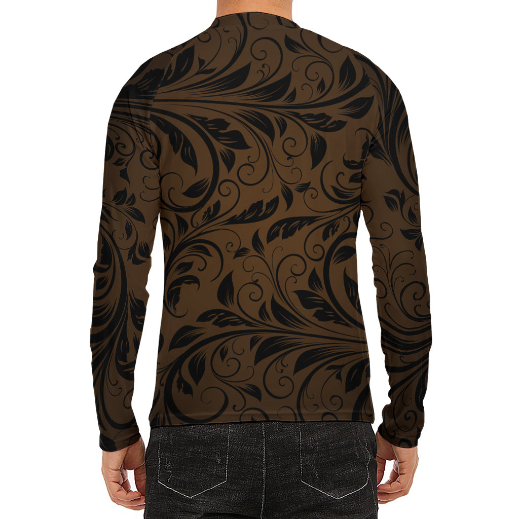 Dark Brown Western Damask Print Men's Long Sleeve Rash Guard