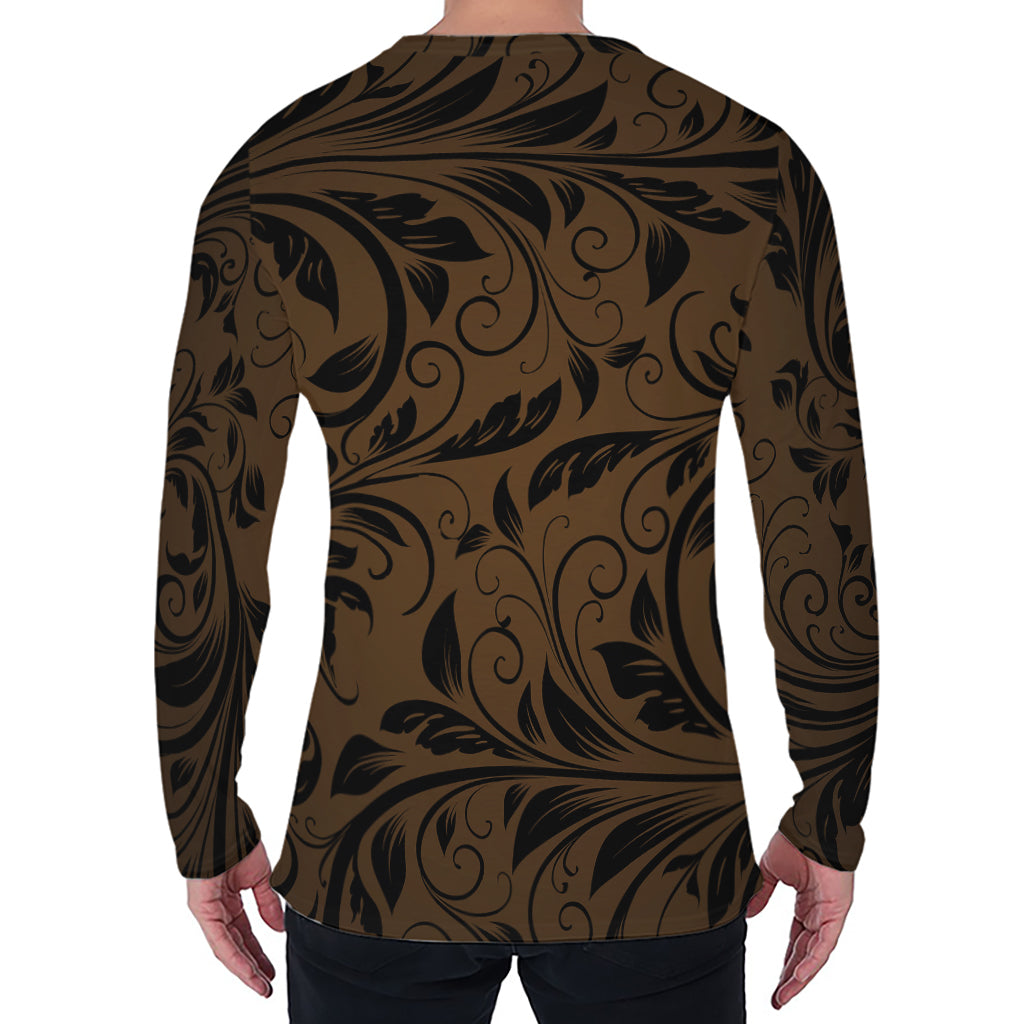 Dark Brown Western Damask Print Men's Long Sleeve T-Shirt