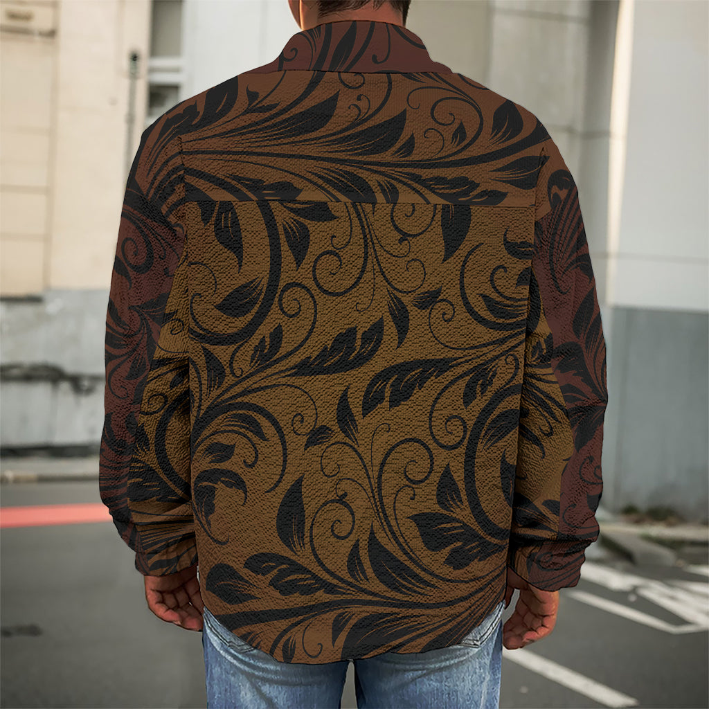 Dark Brown Western Damask Print Men's Shirt Jacket