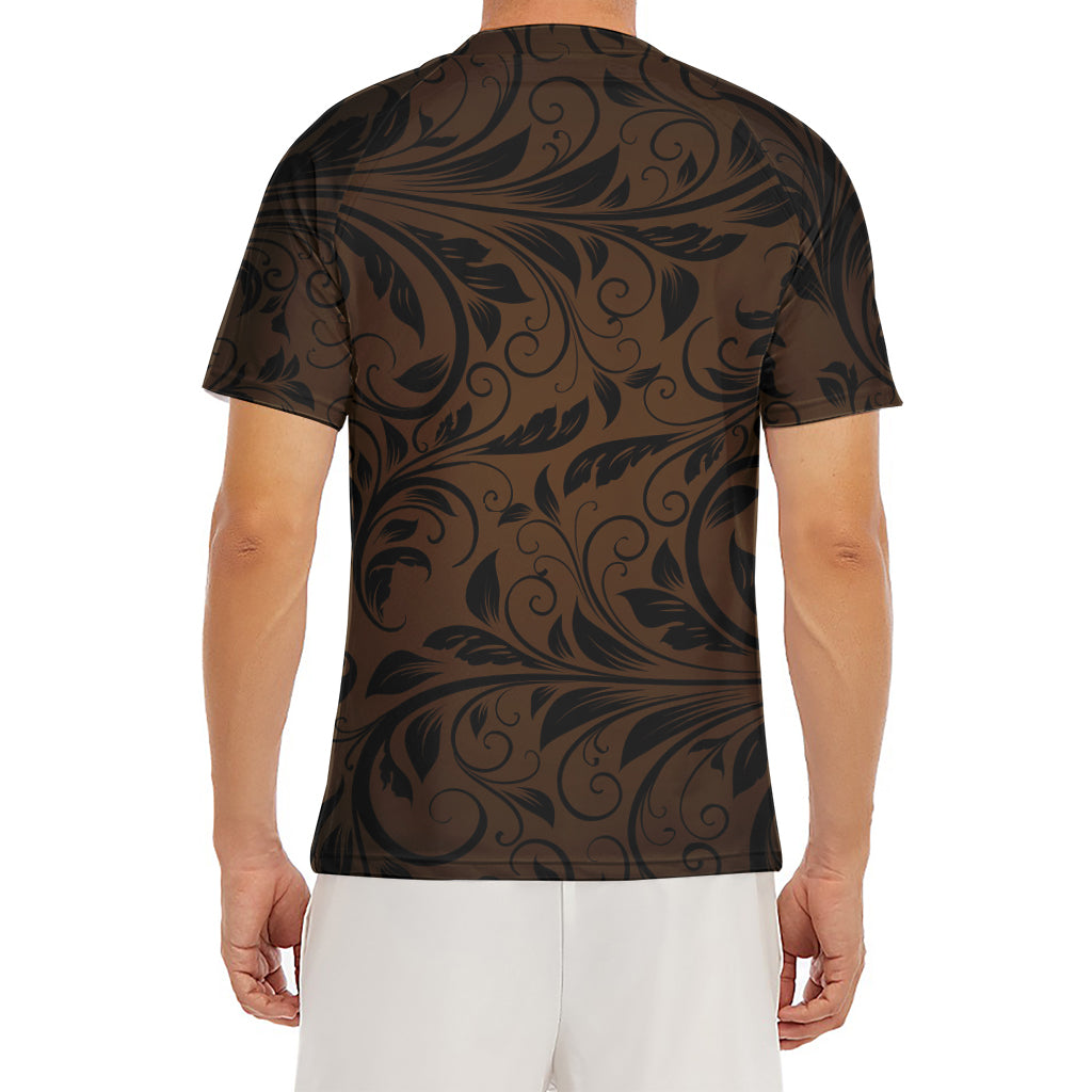 Dark Brown Western Damask Print Men's Short Sleeve Rash Guard
