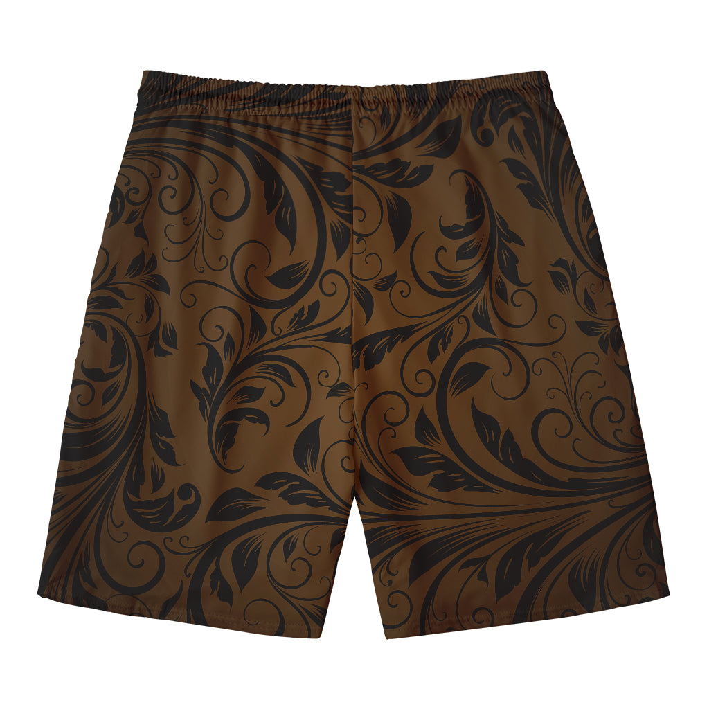 Dark Brown Western Damask Print Men's Swim Trunks