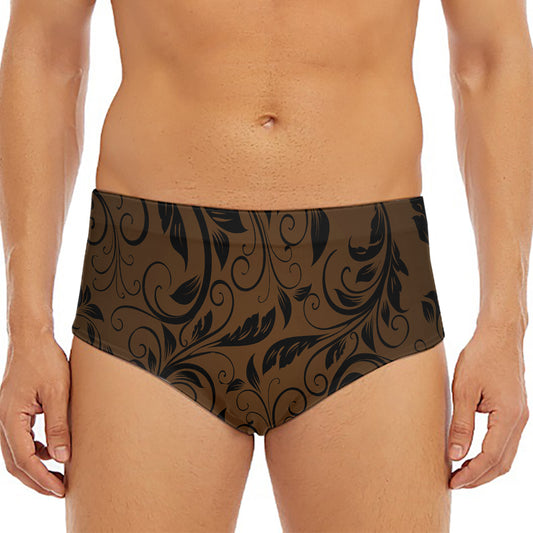 Dark Brown Western Damask Print Men's Triangle Swim Briefs