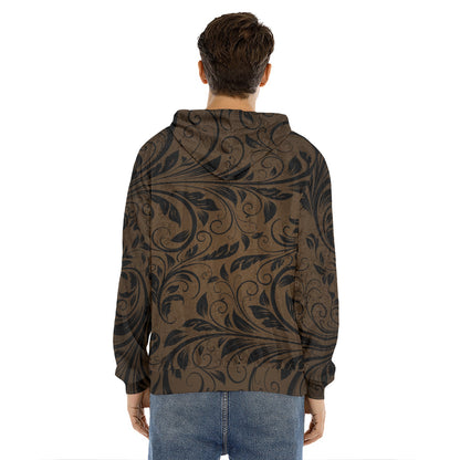 Dark Brown Western Damask Print Men's Velvet Pullover Hoodie