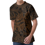 Dark Brown Western Damask Print Men's Velvet T-Shirt