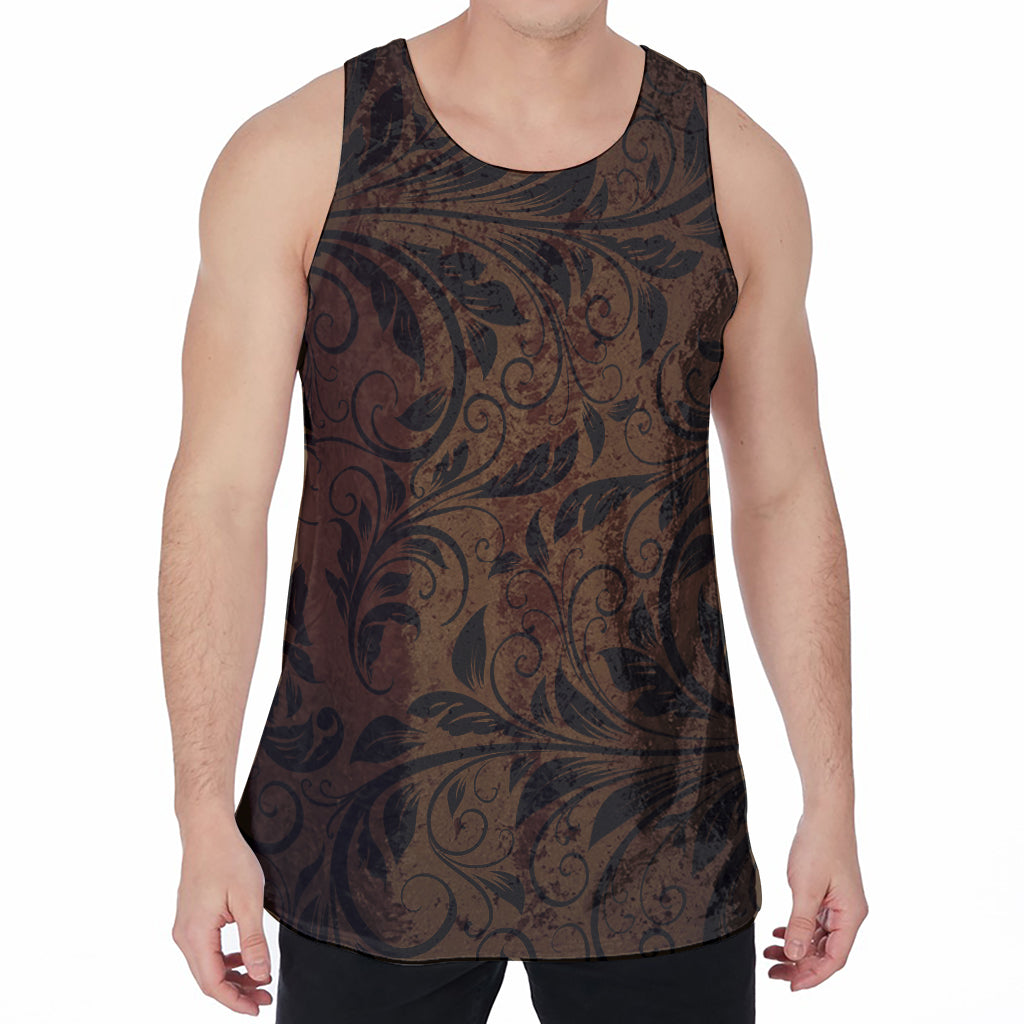 Dark Brown Western Damask Print Men's Velvet Tank Top