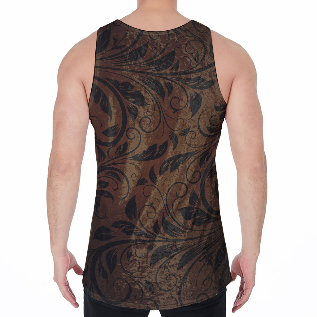 Dark Brown Western Damask Print Men's Velvet Tank Top