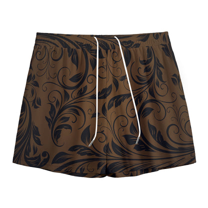Dark Brown Western Damask Print Mesh Shorts