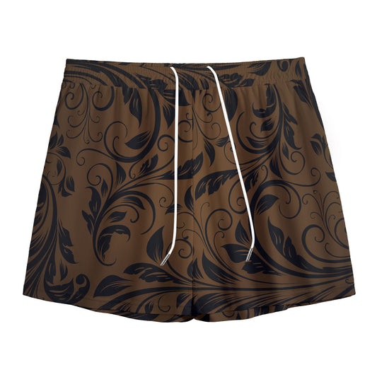 Dark Brown Western Damask Print Mesh Shorts
