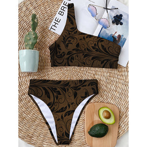 Dark Brown Western Damask Print One Shoulder Bikini Top