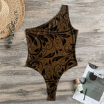 Dark Brown Western Damask Print One Shoulder Bodysuit