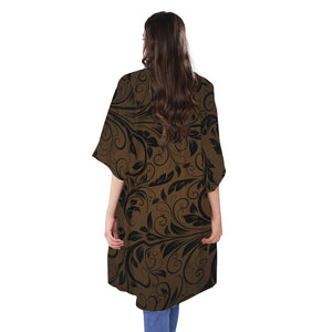 Dark Brown Western Damask Print Open Front Beach Cover Up