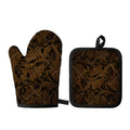 Dark Brown Western Damask Print Oven Mitt And Pot Holder Set