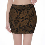 Dark Brown Western Damask Print Pencil Mini Skirt