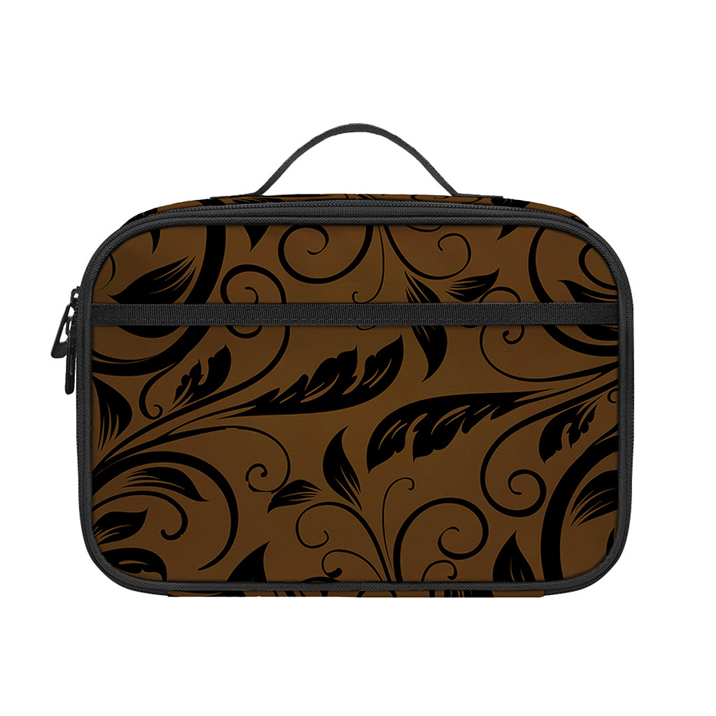 Dark Brown Western Damask Print Portable Lunch Bag